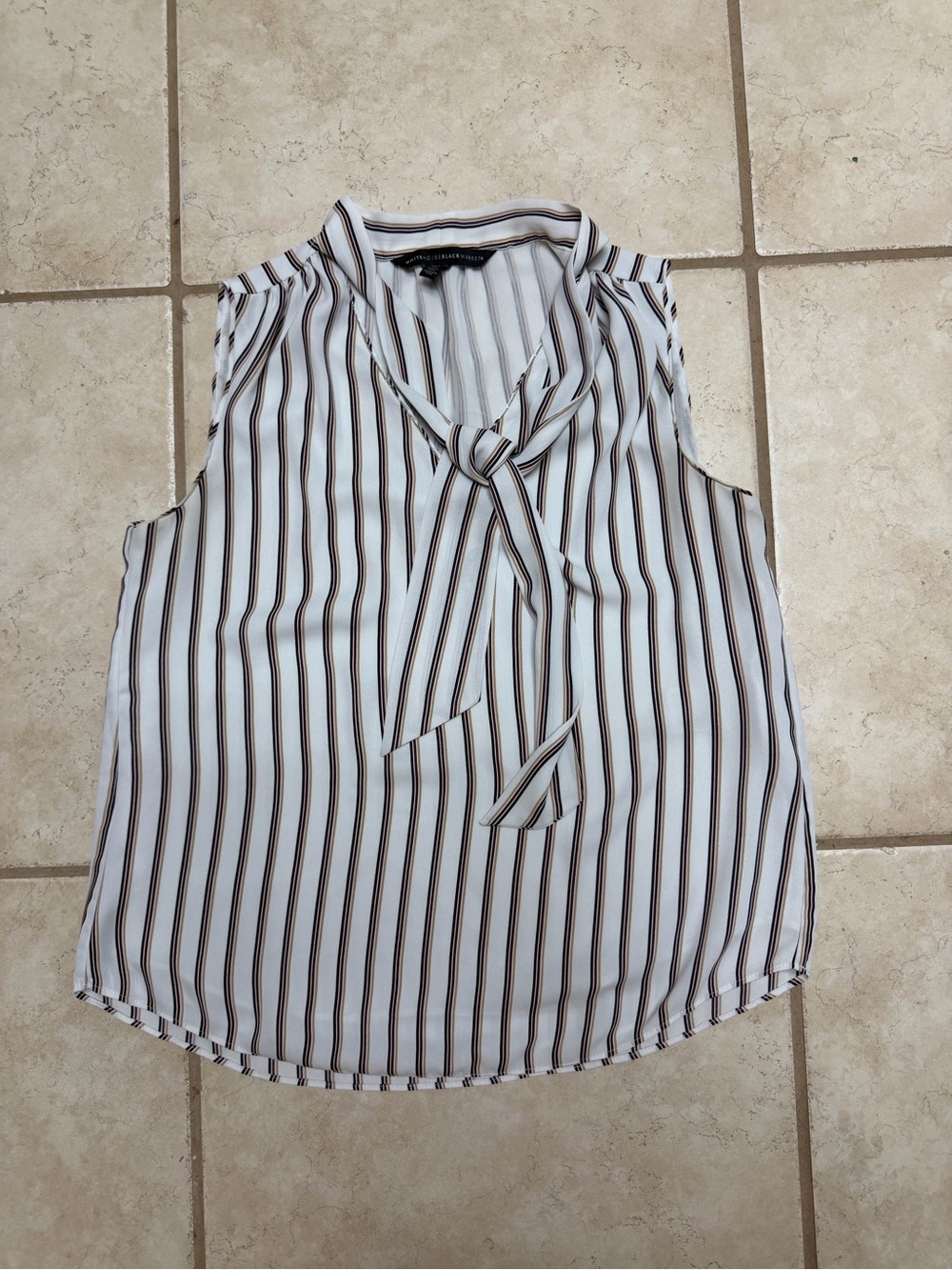 White House Black Market White Striped Tie-Neck Sleeveless Blouse